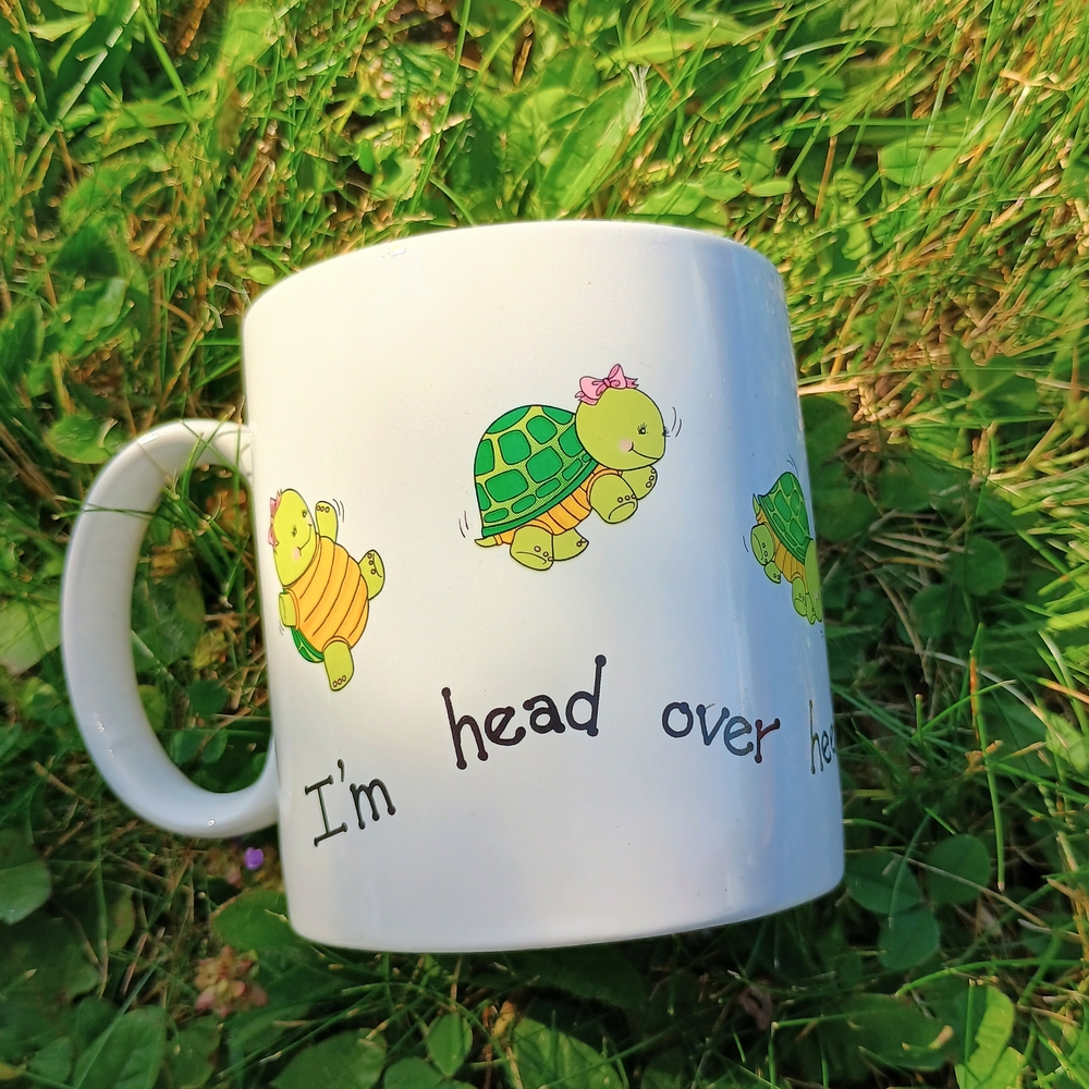 Vintage 1980s Russ cute core turtle mug w love quote, turtle lover, gift turtle